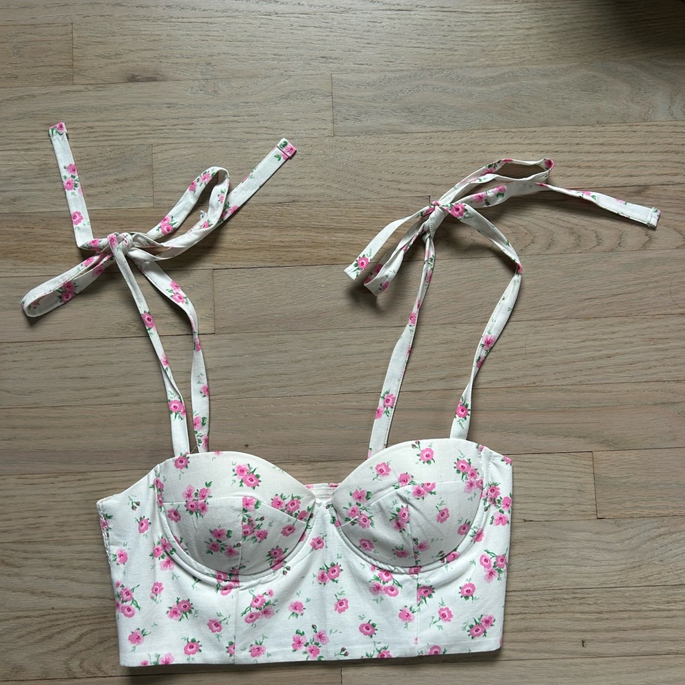 Zara Cream and Pink Floral Bustier Top